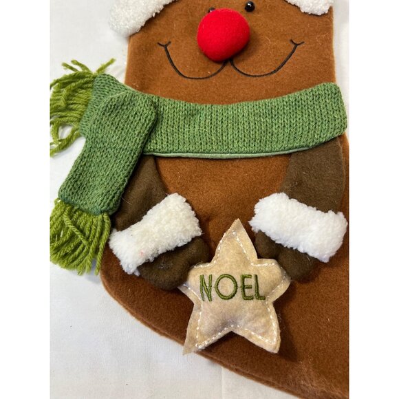 Christmas Reindeer Stocking With Green Plaid Cuff & Noel Star 3D Reindeer Face W - Picture 3 of 5